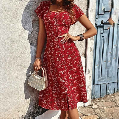 Bohemian Floral Print Midi Dress - Flowy Button Up
