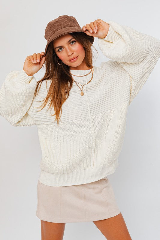 Relaxed Balloon Sleeve Ribbed Knit Drop Shoulder Sweater