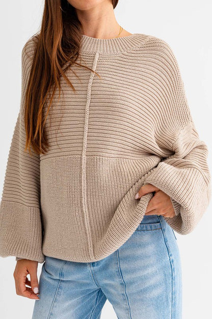 Relaxed Balloon Sleeve Ribbed Knit Drop Shoulder Sweater