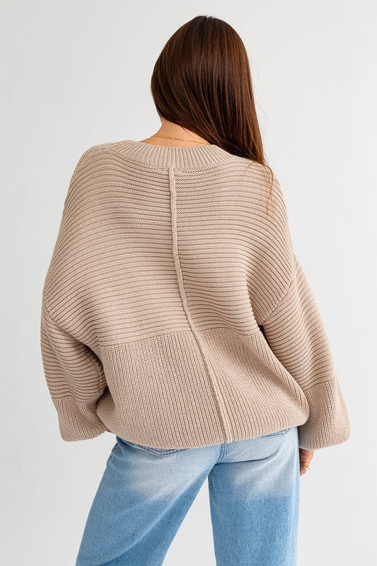 Relaxed Balloon Sleeve Ribbed Knit Drop Shoulder Sweater