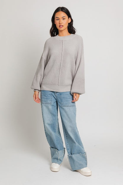 Relaxed Balloon Sleeve Ribbed Knit Drop Shoulder Sweater