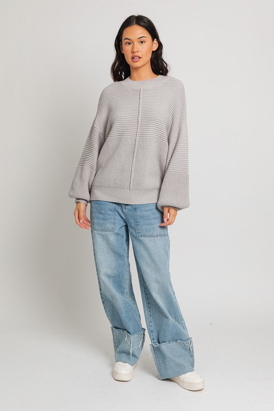 Relaxed Balloon Sleeve Ribbed Knit Drop Shoulder Sweater