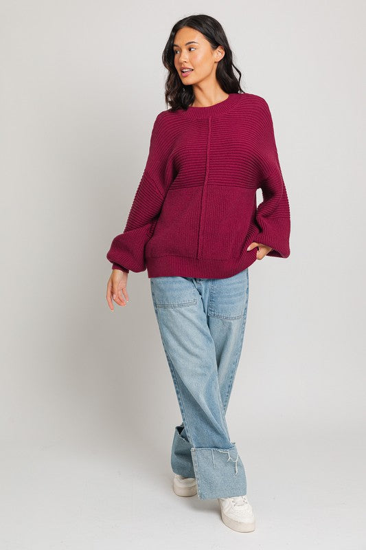 Relaxed Balloon Sleeve Ribbed Knit Drop Shoulder Sweater