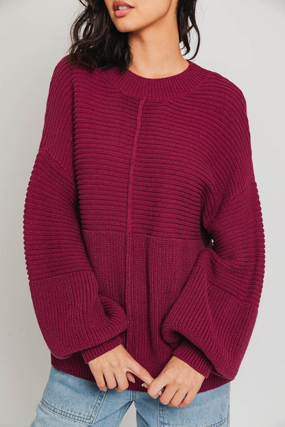 Relaxed Balloon Sleeve Ribbed Knit Drop Shoulder Sweater