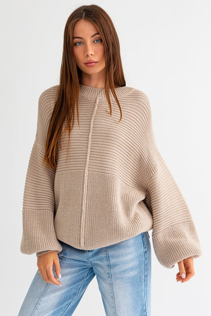 Relaxed Balloon Sleeve Ribbed Knit Drop Shoulder Sweater