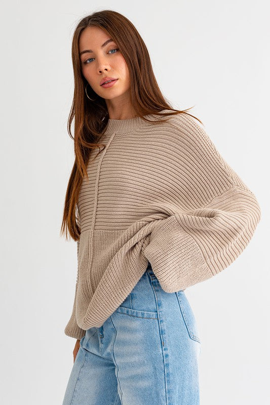 Relaxed Balloon Sleeve Ribbed Knit Drop Shoulder Sweater