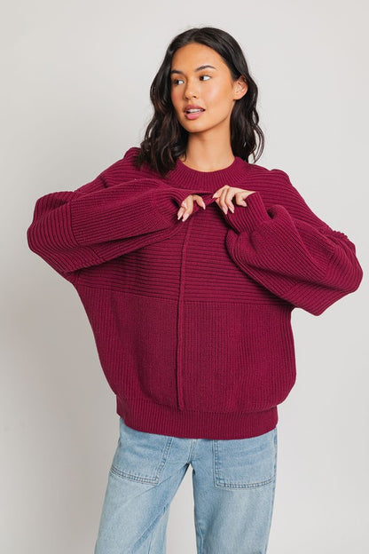 Relaxed Balloon Sleeve Ribbed Knit Drop Shoulder Sweater