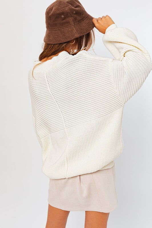 Relaxed Balloon Sleeve Ribbed Knit Drop Shoulder Sweater