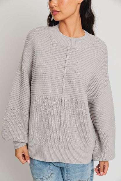 Relaxed Balloon Sleeve Ribbed Knit Drop Shoulder Sweater