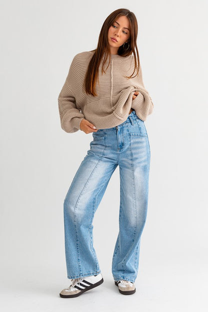 Relaxed Balloon Sleeve Ribbed Knit Drop Shoulder Sweater