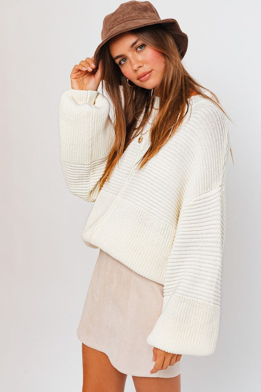 Relaxed Balloon Sleeve Ribbed Knit Drop Shoulder Sweater