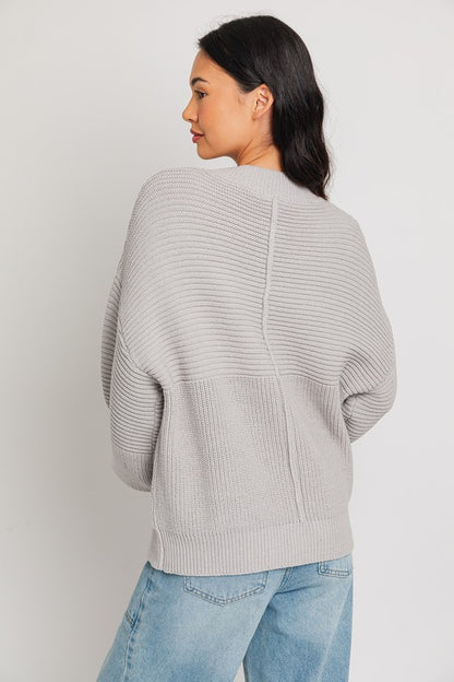 Relaxed Balloon Sleeve Ribbed Knit Drop Shoulder Sweater