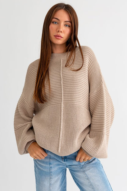 Relaxed Balloon Sleeve Ribbed Knit Drop Shoulder Sweater