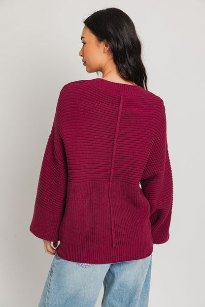 Relaxed Balloon Sleeve Ribbed Knit Drop Shoulder Sweater