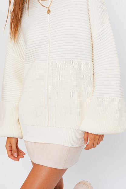 Relaxed Balloon Sleeve Ribbed Knit Drop Shoulder Sweater