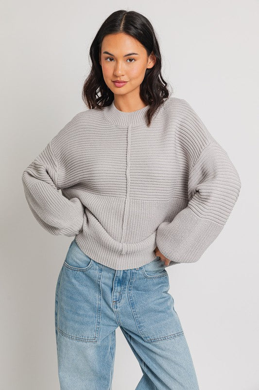 Relaxed Balloon Sleeve Ribbed Knit Drop Shoulder Sweater