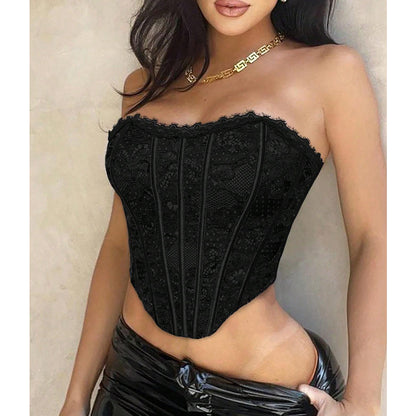 Floral Lace Corset Top - Strapless Gothic Tube Crop