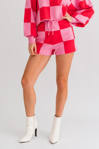 Pink Checkered Loose Fit Sweater Shorts