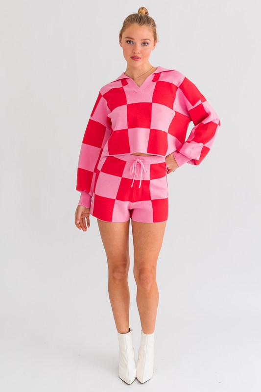 Pink Checkered Loose Fit Sweater Shorts