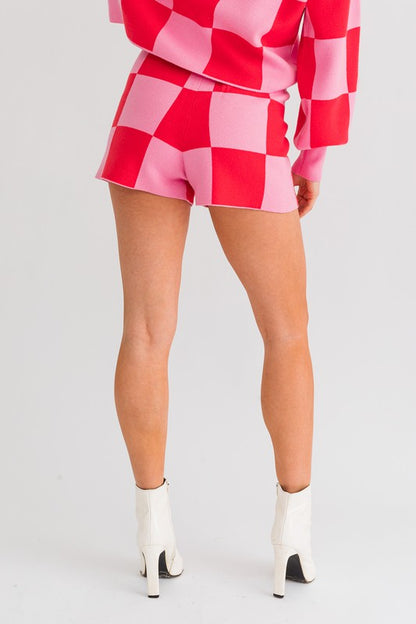 Pink Checkered Loose Fit Sweater Shorts