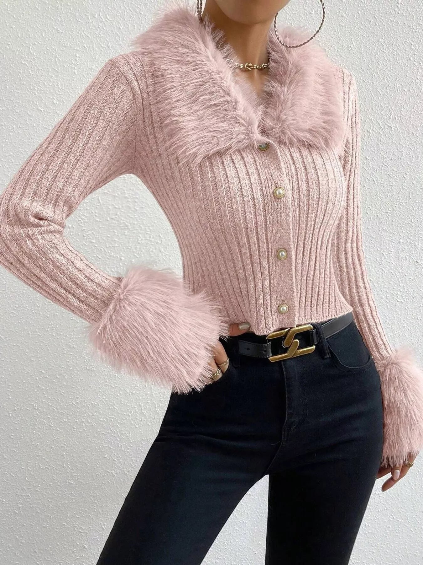 Faux Fur Trim Ribbed Knit Cropped Cardigan - Fashions Envy