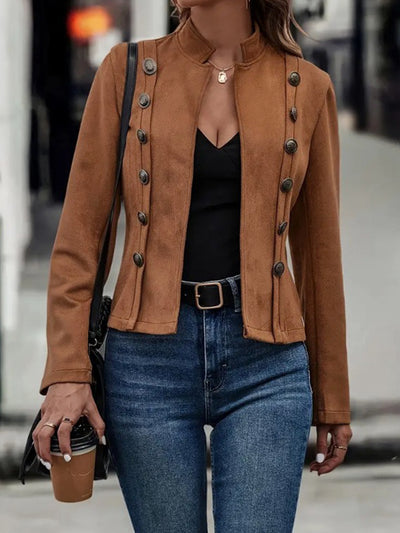 Brown Double-Breasted Jacket - High Neck Winter Style - Fashions Envy
