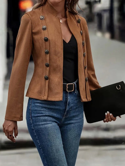 Brown Double-Breasted Jacket - High Neck Winter Style - Fashions Envy