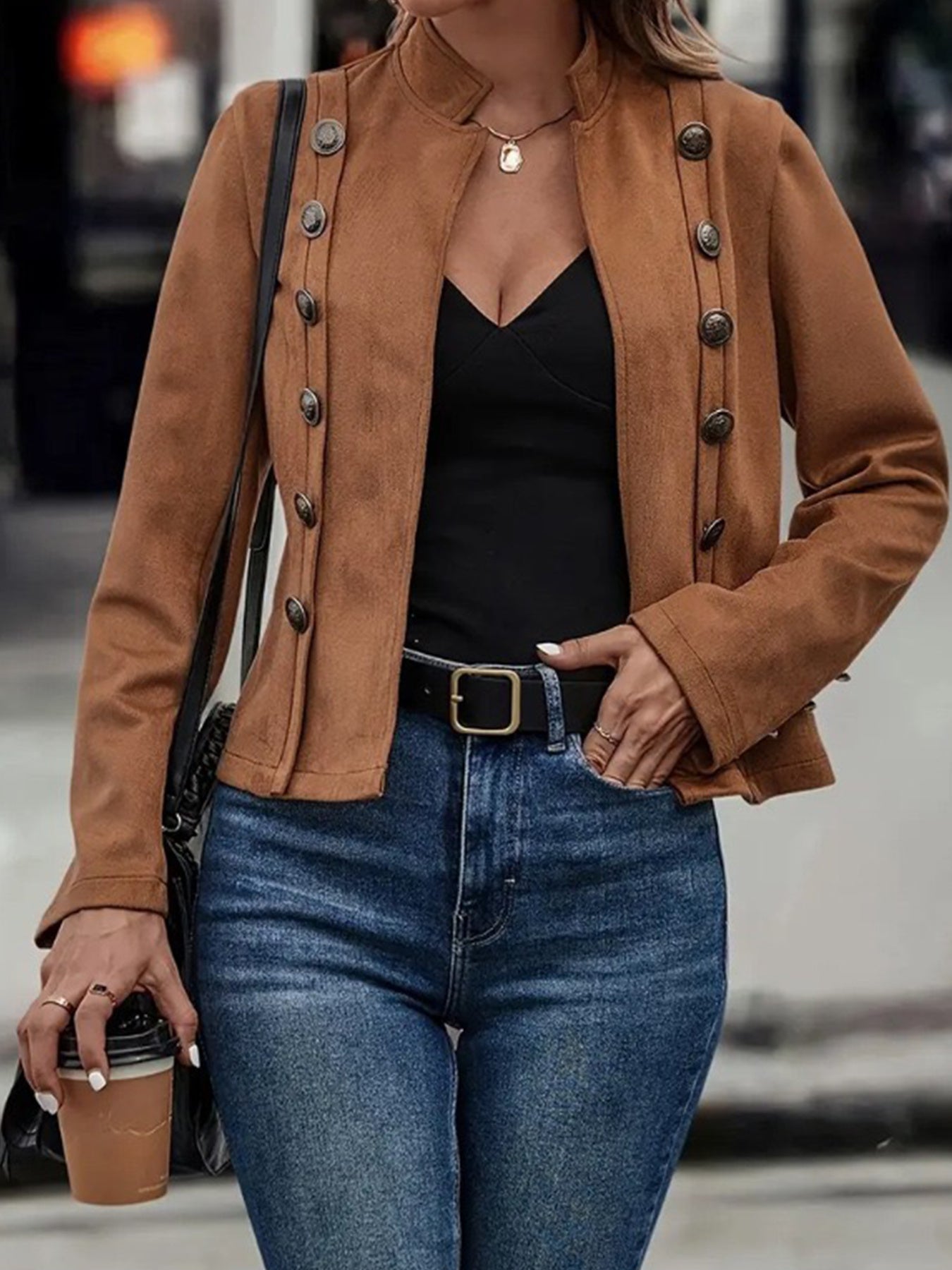 Brown Double-Breasted Jacket - High Neck Winter Style - Fashions Envy