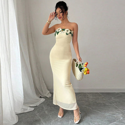 Strapless Backless Maxi Dress - 3D Floral Detail - Fashions Envy