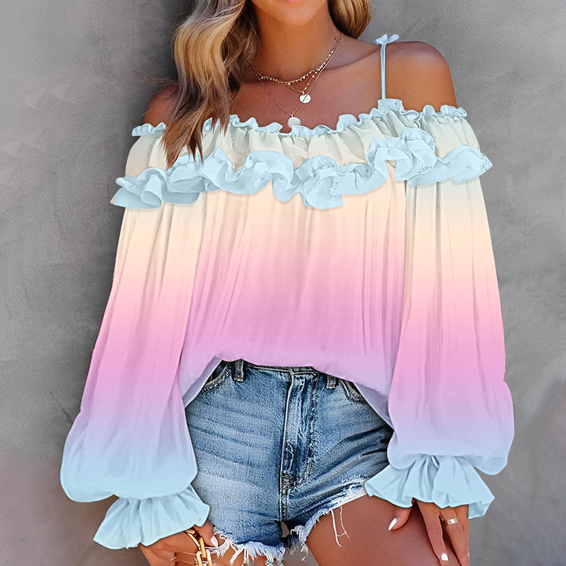 Women's Off Shoulder Ruffle Color Gradient Long Sleeve Blouse - Summer Fashion Top