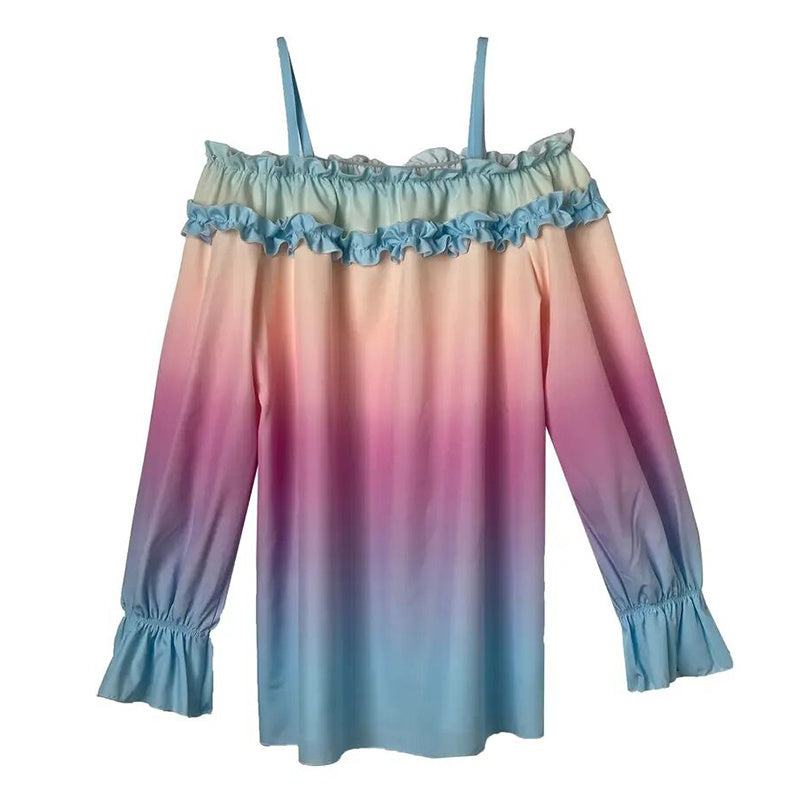 Women's Off Shoulder Ruffle Color Gradient Long Sleeve Blouse - Summer Fashion Top