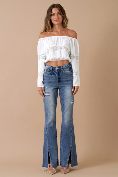 Button Closure Medium Wash Denim Slit Flare Jeans - Fashions Envy