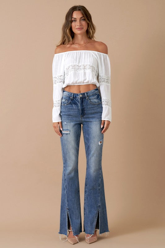 Button Closure Medium Wash Denim Slit Flare Jeans