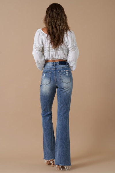Button Closure Medium Wash Denim Slit Flare Jeans - Fashions Envy