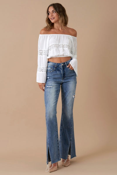 Button Closure Medium Wash Denim Slit Flare Jeans - Fashions Envy