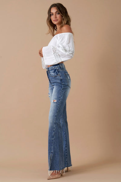 Button Closure Medium Wash Denim Slit Flare Jeans - Fashions Envy