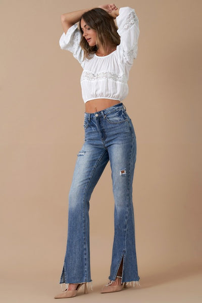 Button Closure Medium Wash Denim Slit Flare Jeans - Fashions Envy