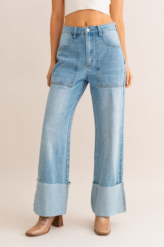 Casual High-Waisted Relaxed Wide Leg Cuffed Jeans