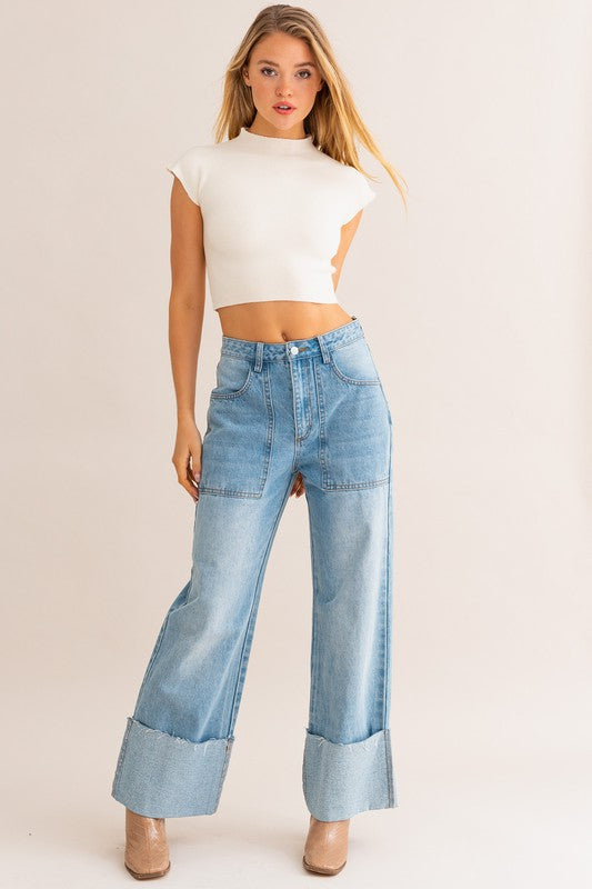 Casual High-Waisted Relaxed Wide Leg Cuffed Jeans