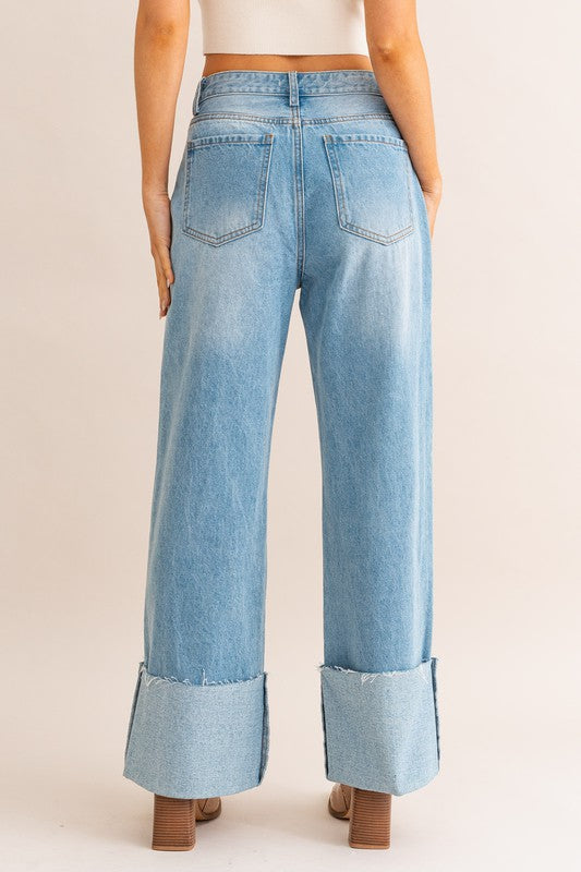 Casual High-Waisted Relaxed Wide Leg Cuffed Jeans