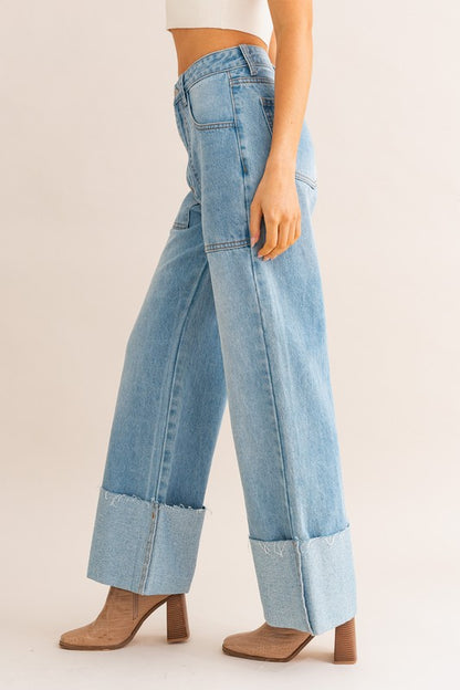 Casual High-Waisted Relaxed Wide Leg Cuffed Jeans