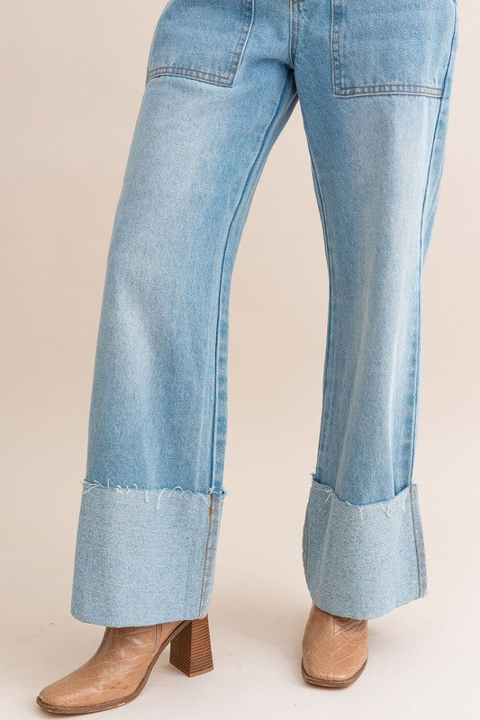 Casual High-Waisted Relaxed Wide Leg Cuffed Jeans