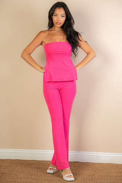 Side Slit Bandeau Top & Flare Pants Set - Fashions Envy