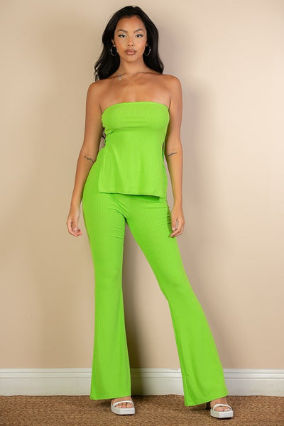 Side Slit Bandeau Top & Flare Pants Set - Fashions Envy