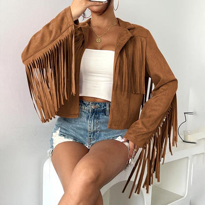 Solid Color Fashion Lapel Loose Fit Fringe Long Sleeve Jacket
