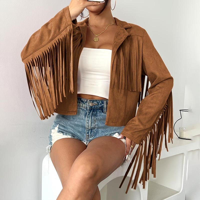 Solid Color Fashion Lapel Loose Fit Fringe Long Sleeve Jacket