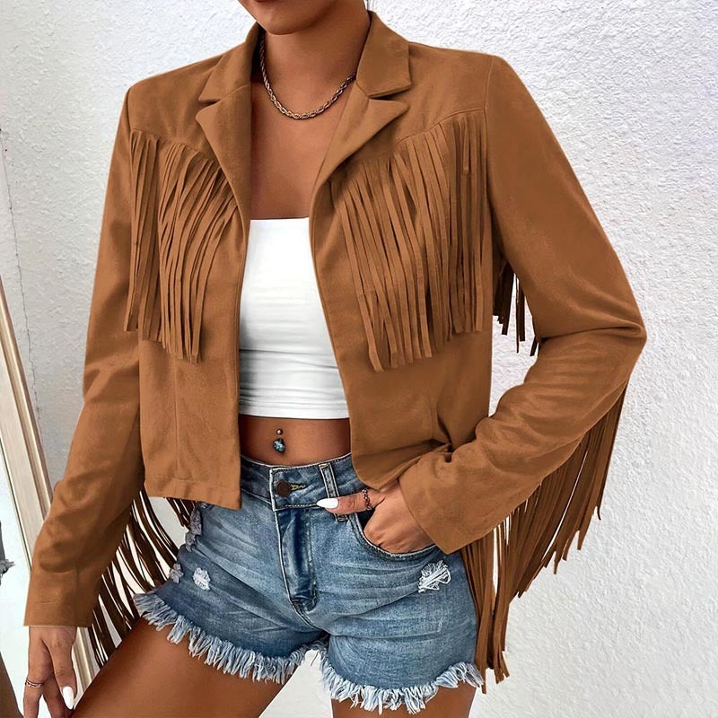 Solid Color Fashion Lapel Loose Fit Fringe Long Sleeve Jacket