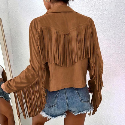 Solid Color Fashion Lapel Loose Fit Fringe Long Sleeve Jacket