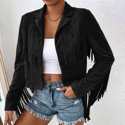 Solid Color Fashion Lapel Loose Fit Fringe Long Sleeve Jacket