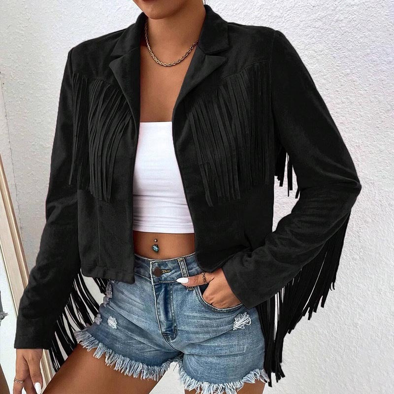 Solid Color Fashion Lapel Loose Fit Fringe Long Sleeve Jacket